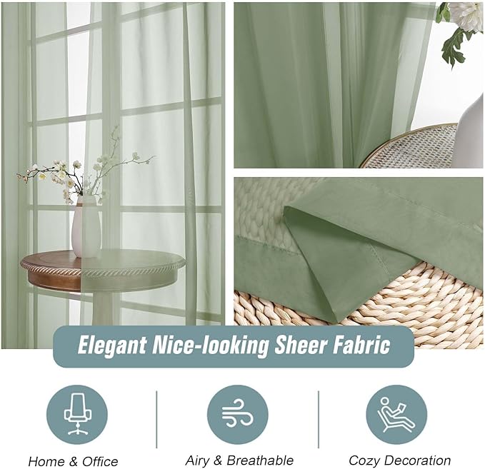 Sage Green Sheer Curtains 84 Inches Long 2 Panels, Elegant Airy Transparent Light Filtering Window Curtains, Window Drapes for Living Room Bedroom, Top Dual Rod Pocket Design, 2x42Wx84L Inches