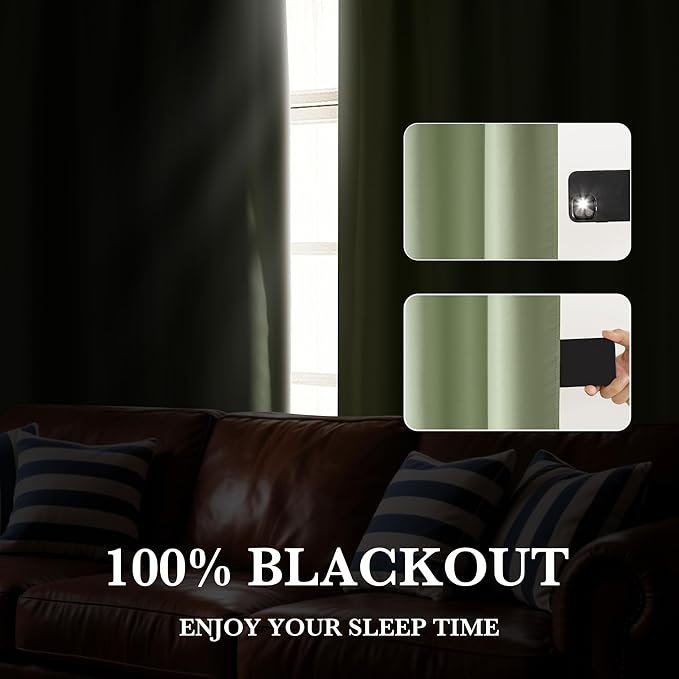 RYB HOME Bedroom Blackout Curtains 63 inches Long, 100% Blackout Thermal Insulated Noise Reducing Curtains for Living Room Nursury, 34 inches Wide by 63 inches Long, Sage Green