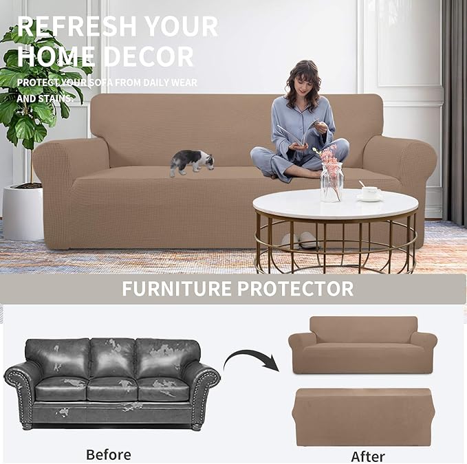 Easy-Going Stretch Oversized Loveseat Slipcover 1-Piece Sofa Cover Furniture Protector Couch Soft with Elastic Bottom for Kids Polyester Spandex Jacquard Fabric Small Checks Camel