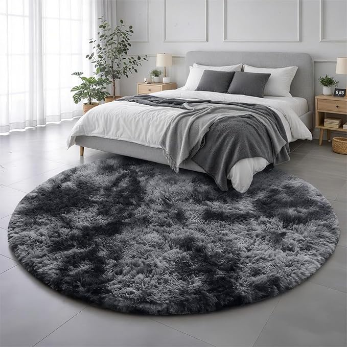 Amdrebio Tie-Dyed Dark Grey Round Rugs for Living Room, 8x8 Rug, Extra Large Circle Area Rug for Bedroom, Big Shag Fluffy Plush Carpet for Mens Home, Modern Cool Circular Rug, Soft Cozy Thick Rugs
