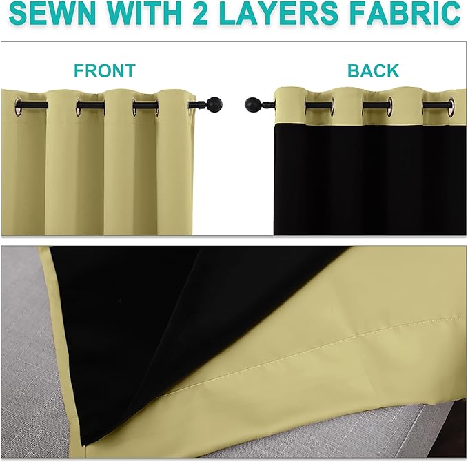 NICETOWN 100% Blackout Curtains with Black Liners, Thermal Insulated Full Blackout 2-Layer Lined Drapes, Energy Efficiency Window Draperies for Bedroom (Paler Yellow, 2 Panels, 70-inch W by 63-inch L)
