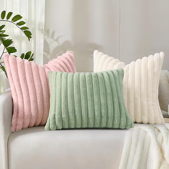 decorUhome Summer Cozy Faux Fur Throw Pillow Covers 22x22 Set of 2 Decorative Plush Striped Modern Farmhouse Boho Couch Euro Sham Pillow Cases with Velvet Back for Sofa Bed Living Room, Sage Green