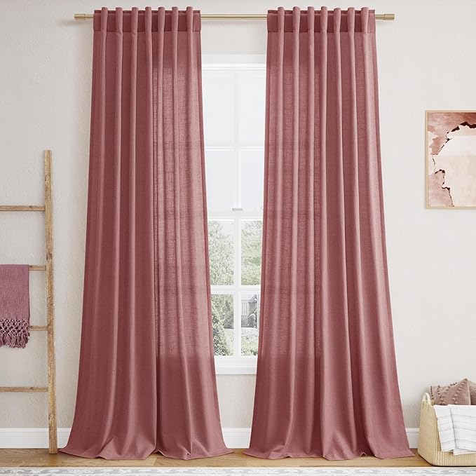 Canyon Rose Linen 144 Inch Curtains for Living Room Light Filtering Semi Sheer Curtain Back Tab Modern Farmhouse Decor Elegant Girl Drapes Floor to Ceiling High Window for Bedroom 52x144, 2 Panels