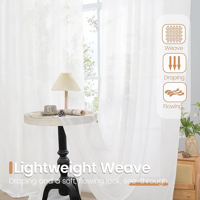 BGment White Linen Cafe Curtains 36 Inch Length for Kitchen Window Over Sink - Small Semi Sheer Drapes Light Filtering with Rod Pocket for Bathroom Lightweight, 2 Panels Set, 42 X 36 Inch