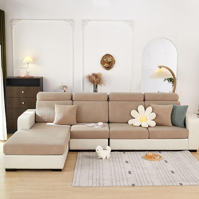 Sofa Covers Couch Covers for Sofa Pet Friendly Couch Cushion Covers Universal Sofa Covers Washable Stretch Slipcovers for Sectional Sofa (Texture Light Coffee, 2 Seats + Chaise Cover)