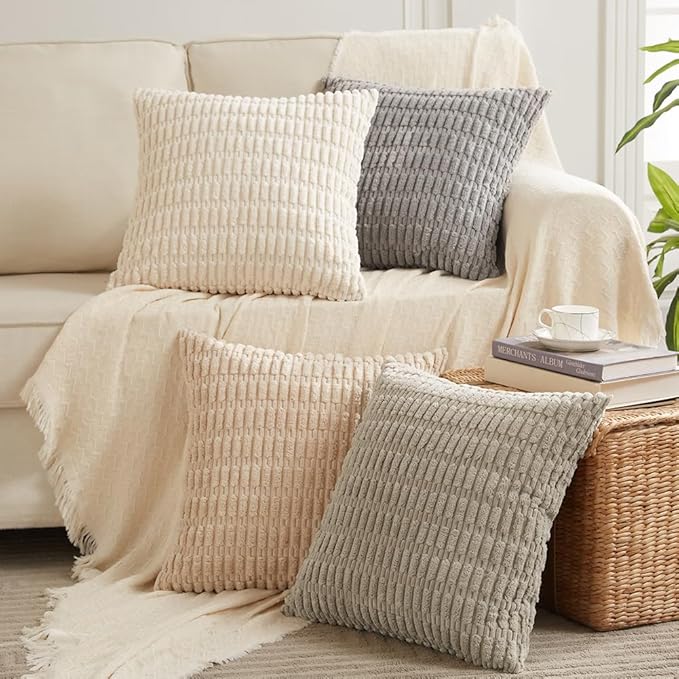 Fancy Homi 4 Packs Neutral Small Decorative Throw Pillow Covers 14x14 Inch for Living Room Couch Bed Sofa, Rustic Farmhouse Boho Home Decor, Soft Plush Striped Corduroy Square Cushion Case 35x35 cm