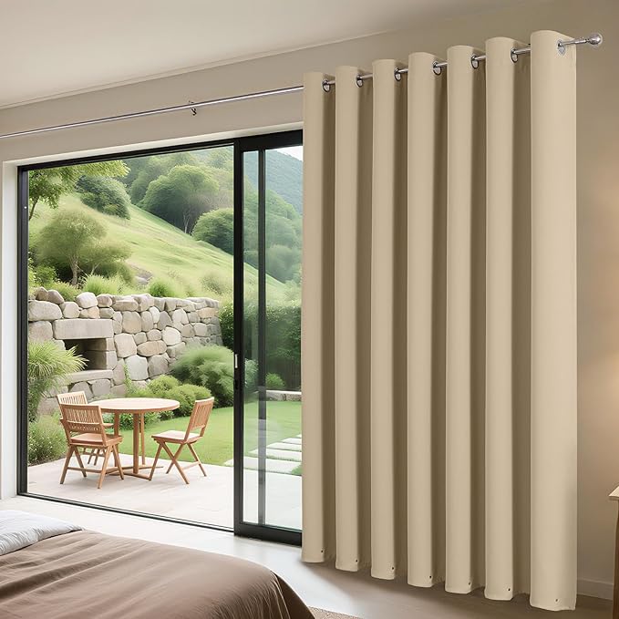 Joydeco Blackout Patio Sliding Door Curtains 90 Inches Long, Grommet Privacy Room Divider Curtains, Extra Wide Thermal Blackout Drapes for Bedroom Living Room (Light Beige, 80Wx90L, 1 Panel)