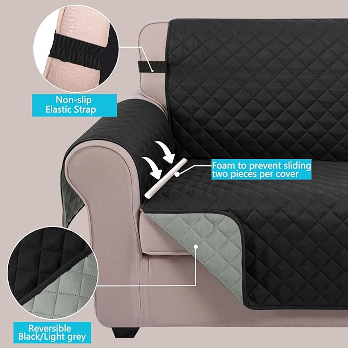 U-NICE HOME Loveseat Sofa Cover Reversible Couch Cover for Dogs Pets with Elastic Straps Water Resistant Furniture Protector for 2 Cushion Couch (Loveseat, Black/Grey)