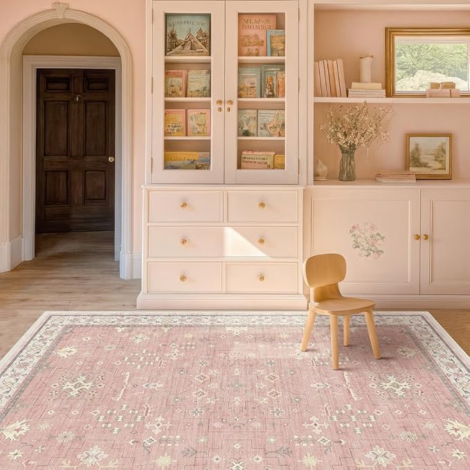 Light Pink Rugs for Girls Bedroom - Cute Floral Area Rug 5x8 for Nursery, Kids Playroom, Machine Washable Non Slip, Vintage Low Pile Stain Resistant Carpet for Living Room, Dorm