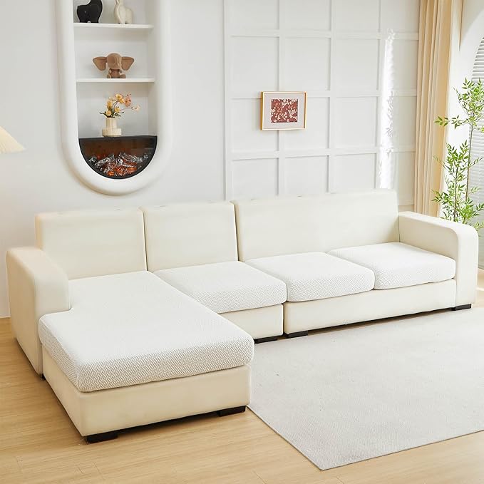 Couch Covers for 3 Cushion Sofa Pet Friendly Couch Cushion Covers Universal Sofa Covers Washable Stretch Slipcovers for Sectional Sofa (Texture Ivory White,Large Triple Seat Cover)