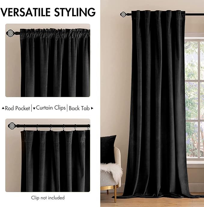 MIULEE Black Velvet Curtains 96 inches 2 Panels - Luxury Blackout Curtains for Bedroom Living Room Thermal Insulated Super Soft Window Drapes Rod Pocket & Back Tab Halloween Decor, W52 x L96 inches
