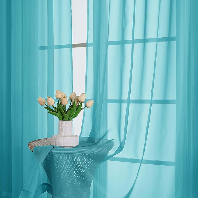 OWENIE Sheer Curtains 84 Inches Long 2 Panels Set, Sheer Turquoise Curtains for Living Room Bedroom 59 Inch Extra Wide, Modern Voile Filmy Rod Pocket Drapes, 2 Pcs, Each 59 W x 84L, Turquoise