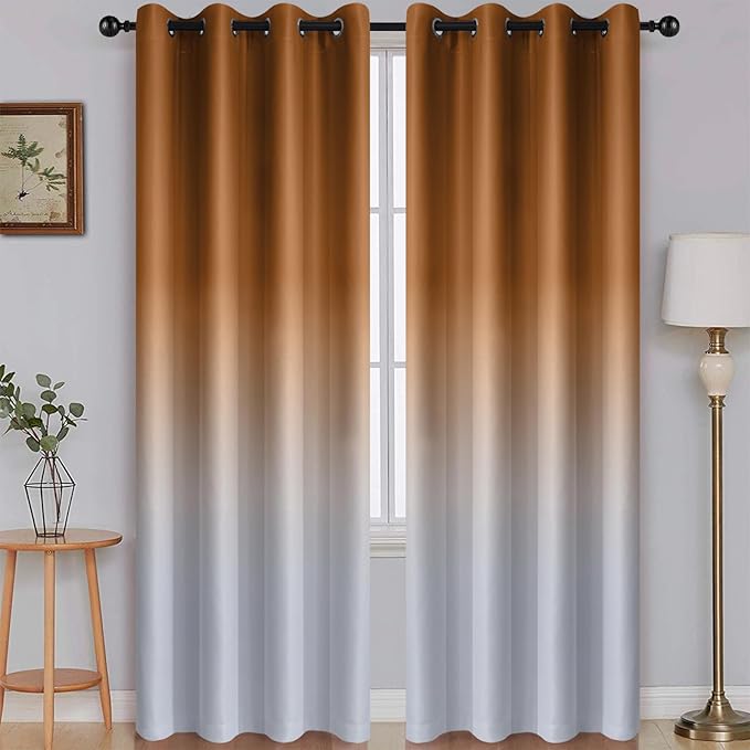 SimpleHome Ombre Room Darkening Curtains for Living Room, Light Blocking Burnt Orange to Grey White Thick Thermal Insulated Grommet Window Curtains Drapes for Bedroom, 2 Panels, 52x84 inches Length