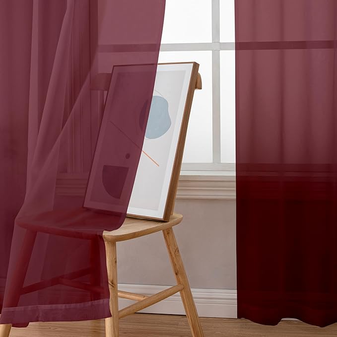 Aiyufeng Sheer Window Curtain Panels 96 Inch Long 2 Pieces, Voile Top Dual Rod Pocket Breathable Fashion Drapes Window Treatment for Wedding Ceremony/Bedroom/Living Room, 40W x 96L inches, Burgundy