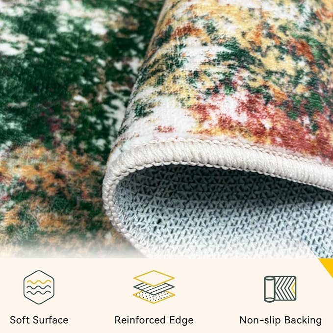 Washable Area Rugs 2'x10' Non-Slip Modern Abstract Soft for Living Room Entryway Bedroom Nursery, Print Pattern, Green Orange Rust Red Cream Colorful