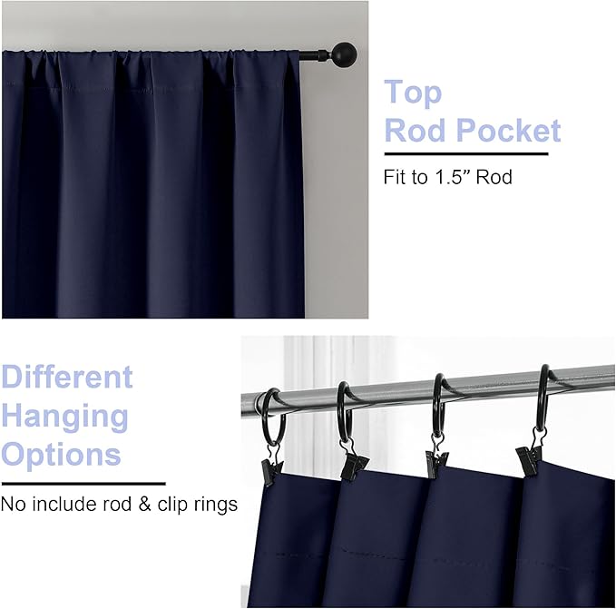 Simplebrand Ava Navy Blue Blackout Curtains for Bedroom 63 Inch Length 2 Panels Set, Solid Thermal Insulated Privacy Living Room Window Treatment Curtains Blackout Drapes, W50 x L63 Inch