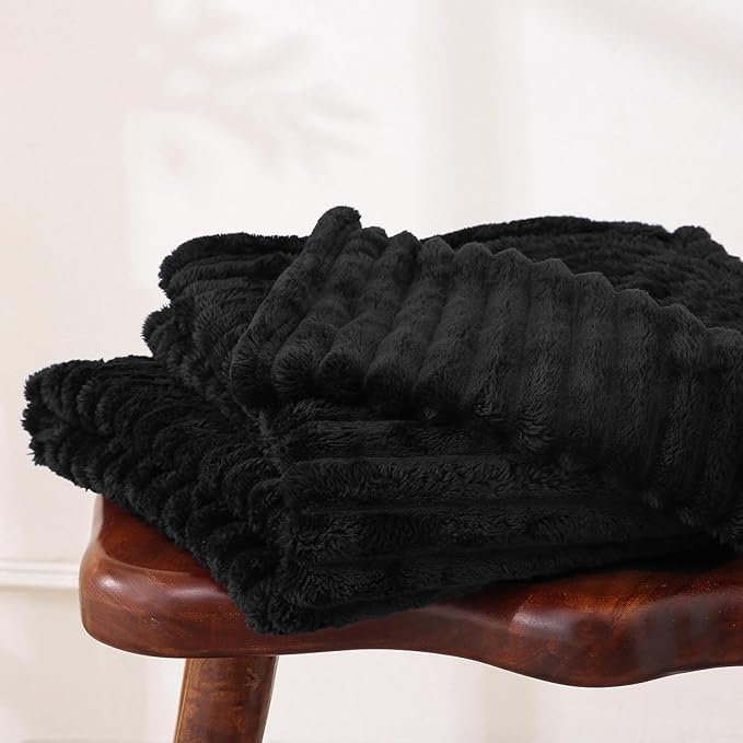 Black Fleece Throw Blanket 90”×90” for Couch Sofa Bed,Super Soft Cozy Plush Microfiber Flannel Blanket with Stripes Design Lightweight for Adults,Woman,Girls
