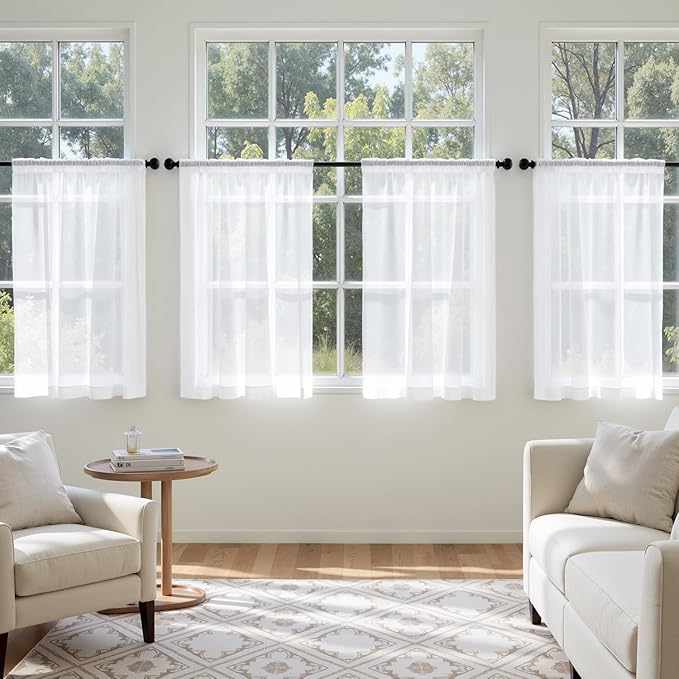 MIULEE Short Cafe Curtains 36 Inches Long, 4 Panels Set, Sheer Light Filtering Tier Curtains for Kitchen Windows Over Sink, Rod Pocket, 42W x 36 Inches, White