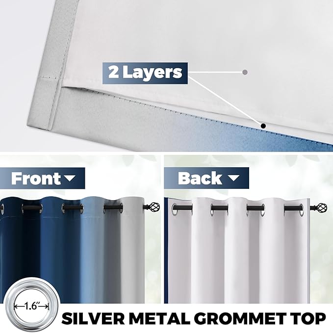 Yakamok 100% Blackout Curtains 84 Inch Length 2 Layers,Blue Curtains for Bedroom Ombre Room Darkening Grommet Gradient Drapes, Light Blocking Thermal Insulated Window Curtains for Living Room