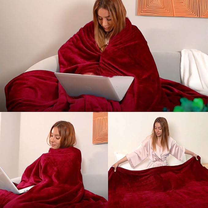 JIAHANNHA Flannel Fleece Blanket Queen Size Red 90 by 90 Inches Blankets for Couch Sofa Bed 280GSM,Super Soft Plush Cozy and Luxury Warm Bed Blanket for All Season