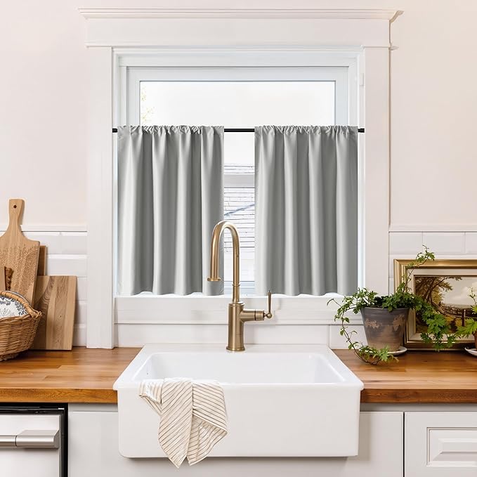RYB HOME 100% Blackout Bathroom Curtains Over Sink 24 inches Long, Heat & UV Blocking Total Room Darkening Noise Reducing Curtains for Basement RV Campers, Sliver Grey, 2 Panels Set