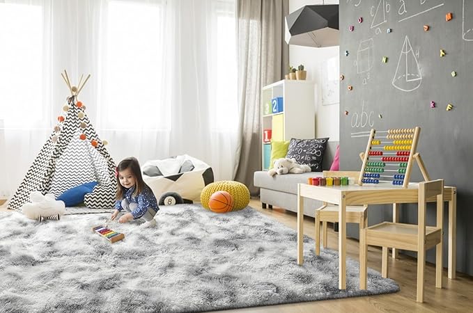 TWINNIS Super Soft Shaggy Rugs Fluffy Carpets 6x9 Feet, Indoor Modern Plush Area Rugs for Living Room Bedroom Kids Room Nursery Home Decor, Upgrade Anti-Skid Fuzzy Rug, Grey and White