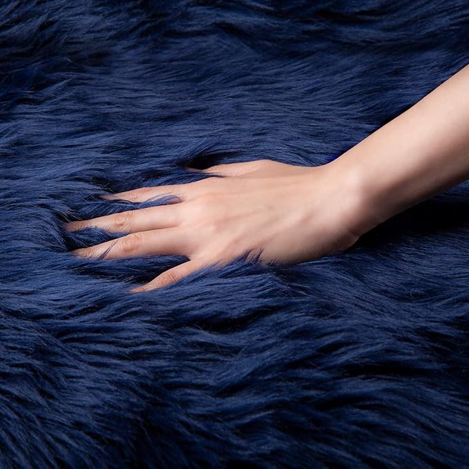 Ashler Faux Fur Rug, Fluffy Shaggy Area Rug, Ultra Soft 2.2 x 6 Feet Rectangle, Navy Blue Fuzzy Machine Washable Shag, Nursery Decor Throw for Bedroom, Kids Room, Living Room