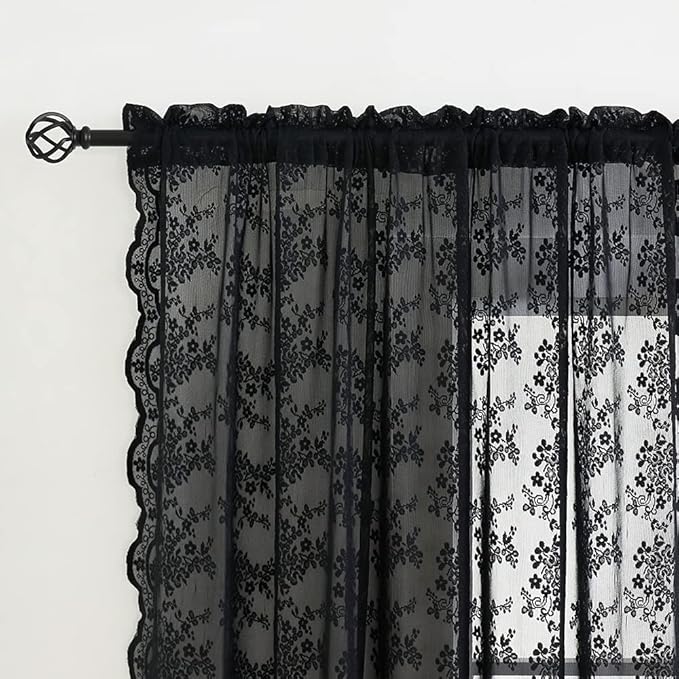 YJ YANJUN Vintage Lace Curtains 108 Inches Long- Victorian Floral Pattern Black Sheer Curtain Panels for Living Room Bedroom,Light Filtering, Gothic Witchy Halloween Drapes 2 Panels 52W x 108L