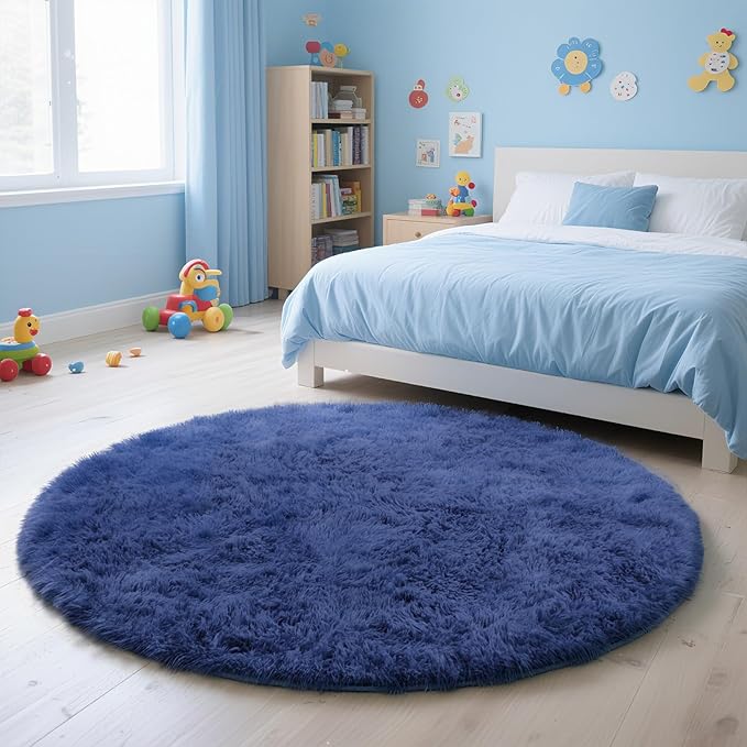 yulidayang Blue Fluffy Round Area Rugs for Bedroom,5'X5'Shag Circle Area Rugs for Living Room,Non Slip Fuzzy Plush Rug for Kids Room Boys Girls Room and Dorm Home Decor Rug