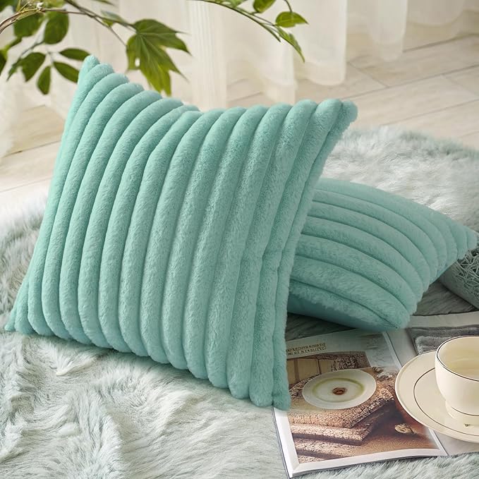 decorUhome Summer Cozy Faux Fur Throw Pillow Covers 20x20 Set of 2 Decorative Soft Plush Striped Modern Farmhouse Boho Couch Pillow Cases with Velvet Back for Sofa Bed Living Room, Aqua