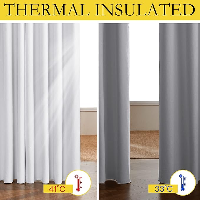 NICETOWN 100% Absolutely Blackout Linen Curtains with Thermal Insulated White Liner, White, W62, 2 Pieces, Noise Reducing Textured Linen Look Curtains for Windows 102 inch Length for Classroom