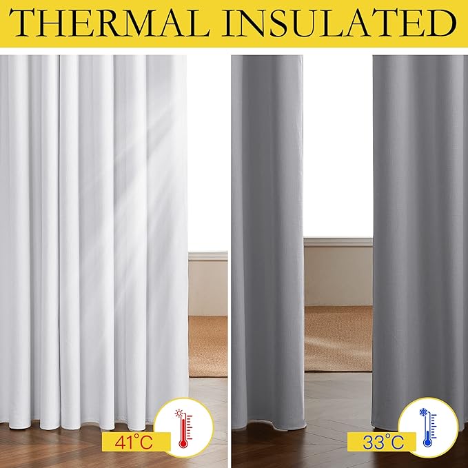 NICETOWN 100% Absolutely Blackout Linen Curtains with Thermal Insulated White Liner, White, 34 inches Wide, 60 inches Length Energy Saving Curtains for Cupboard 2 Panels Set, Vertical Blinds