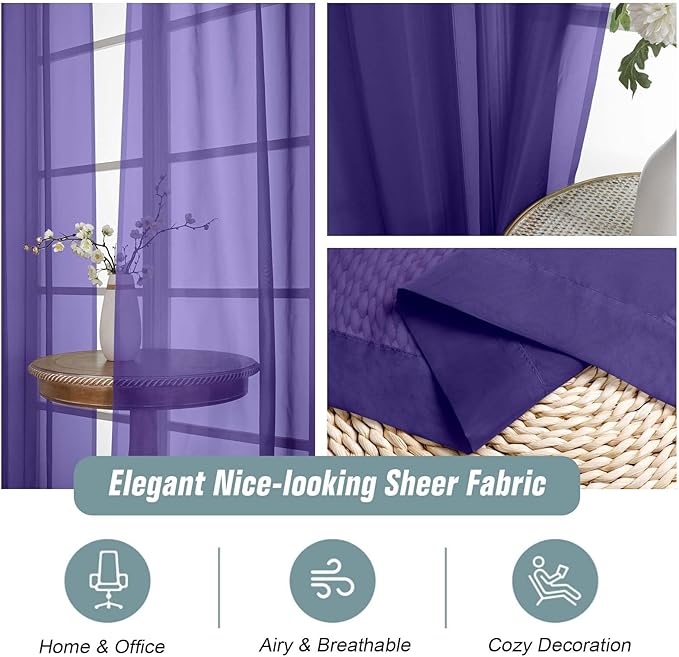 Purple Sheer Curtains 90 Inches Long 2 Panels, Light Filtering Solid Sheer Curtains for Bedroom Living Room, Lightweight Soft Airy Window Voile Sheer Drapes, Dual Rod Pocket, 2x42Wx90L Inches
