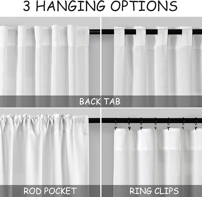 Nanspring White Curtains 45 Inch Long,2 Panel for Cafe Back Tab Pocket Semi Sheer Short Linen Narrow Mini Curtain Tiers for Kitchen Doors, Bedroom, Small Window Basement 36x45