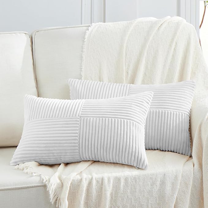 Fancy Homi 2 Packs White Lumbar Decorative Throw Pillow Covers 20x28 Inch for Living Room Couch Bed Sofa, Rustic Farmhouse Boho Home Decor, Soft Striped Corduroy Rectangle Accent Cushion Case 50x70 cm