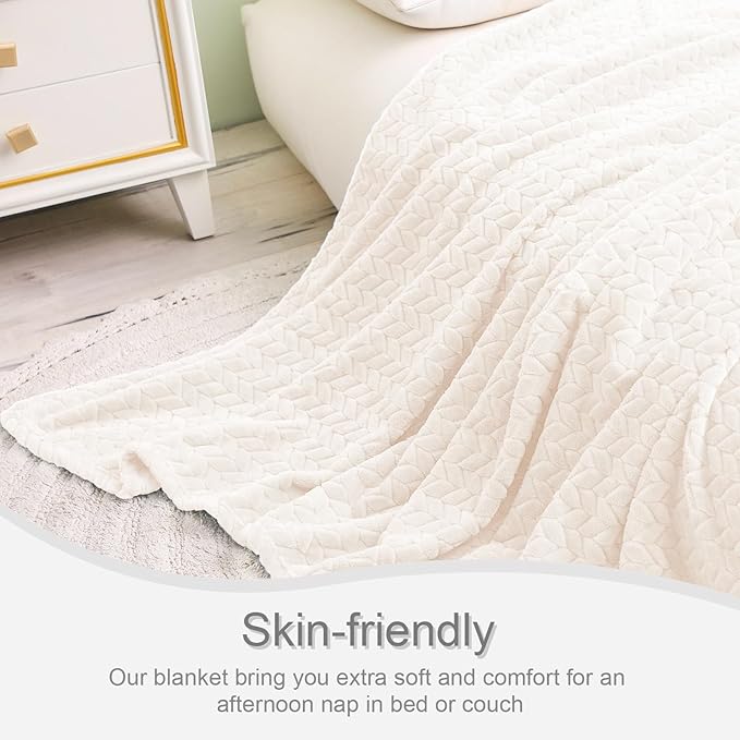 Exclusivo Mezcla Fleece Queen Size Blanket for Bed, 90x90 Inches Soft Cozy Jacquard Flannel Blankets, Lightweight Fuzzy Plush Warm for Women, Off White