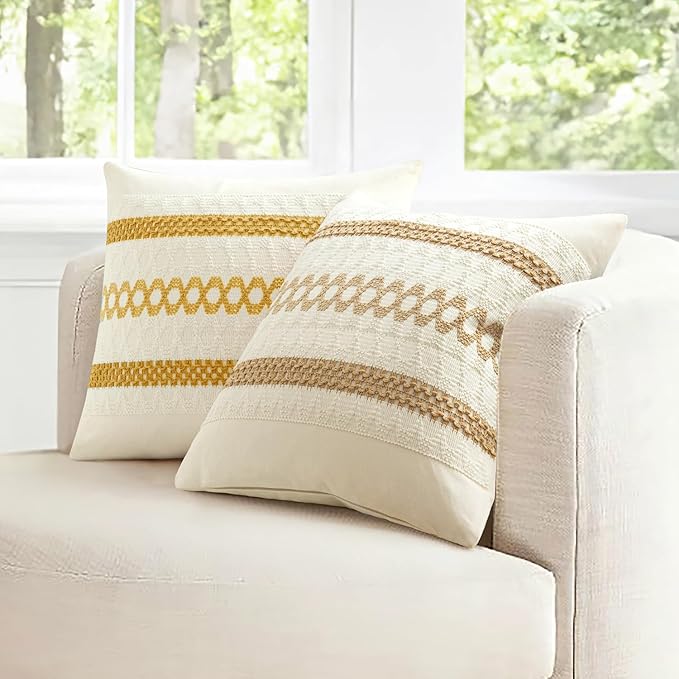 MIULEE Set of 2 Mustard Yellow Boho Decorative Pillow Covers 18x18 Inch Farmhouse Rustic Couch Throw Pillows Modern Spring Cotton Cushion Covers Retro Cute Macrame Woven Home Decor for Bed Sofa Chair