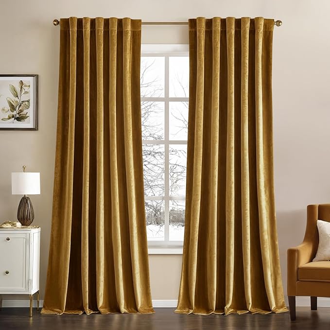 MIULEE Velvet Curtains 90 inches - Luxury Room Darkening Curtains for Bedroom Living Room Thermal Insulated Super Soft Window Drapes Rod Pocket & Back Tab, Gold, W52 x L90 inches, 2 Panels