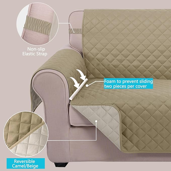 U-NICE HOME Large Sofa Cover Reversible Couch Cover for Dogs Pets with Elastic Straps Water Resistant Furniture Protector for 4 Cushion Couch (Oversized Sofa, Light Camel/Beige)