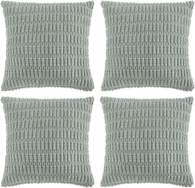 Fancy Homi 4 Packs Grey Blue Euro Decorative Throw Pillow Covers 26x26 Inch for Living Room Couch Bed Sofa, Rustic Famhouse Boho Home Decor, Soft Striped Corduroy Square Cushion Case 66x66 cm