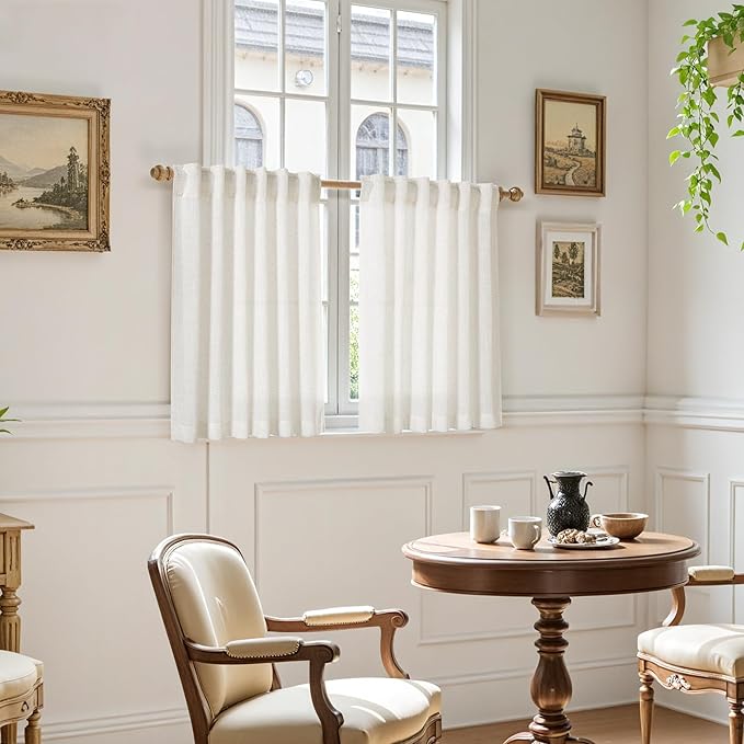 Nanspring Short Linen Kitchen Window Curtains 36 Inch Length, Over Sink Modern Neutral Cream Semi Sheer Back Tab and Rod Pocket Drapes for Basement Bathroom Curtains, 2 Panels, 34 x 36 Inch
