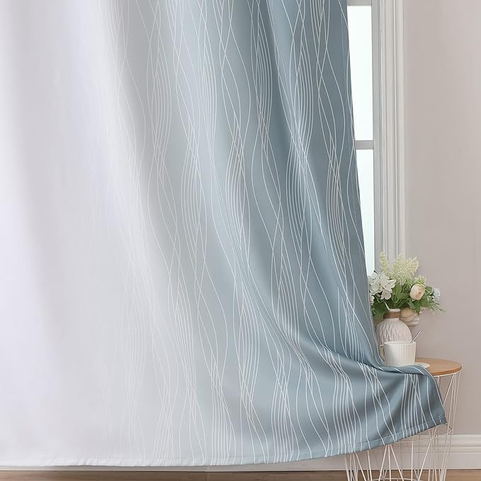 Estelar Textiler Stone Blue and Greyish White Blackout Curtains 72 Inch Length 2 Panels Set, Room Darkening Grommet Ombre Curtains for Bedroom, Thermal Insulated Light Blocking Gradient Drapes,52Wx72L