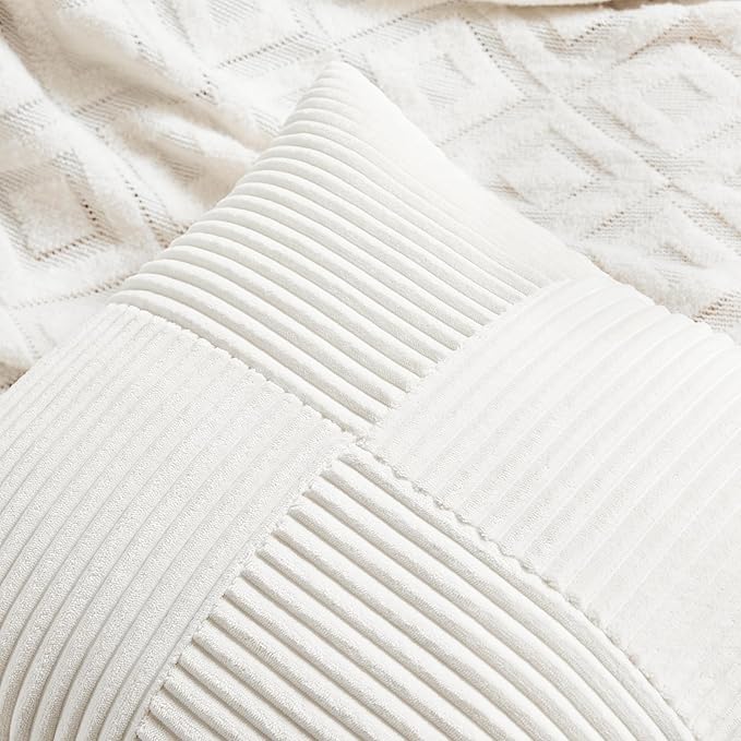 Fancy Homi 2 Packs Cream White Decorative Throw Pillow Covers 16x16 Inch for Living Room Couch Bed Sofa, Rustic Farmhouse Boho Home Decor, Soft Corss Patchwork Corduroy Textured Cushion Case 40x40 cm