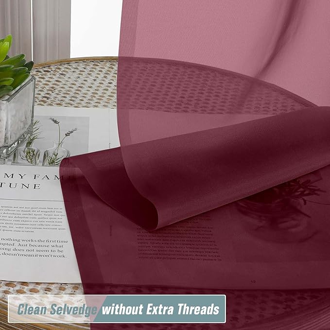Burgundy Sheer Curtains for Window 72 inches Long 2 Panels, Soft Airy Light Filtering Sheer Curtains for Christmas Decoration, Dual Rod Pocket Solid Window Drapes, 2x42Wx72L inches