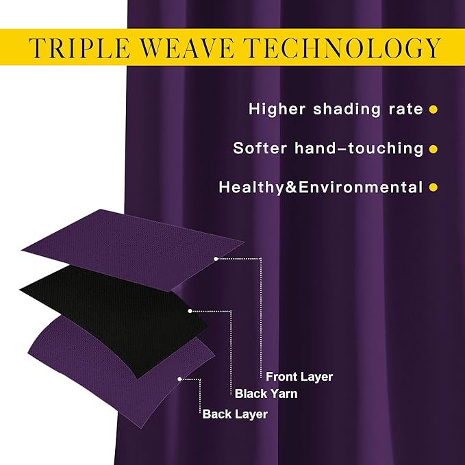NICETOWN 72 inches Bedroom Curtains Panels - Functional Blackout Curtains/Panels for Bedroom, Thermal Insulated, Privacy Assured (Set of 2, 52 x 72 inches in Royal Purple)