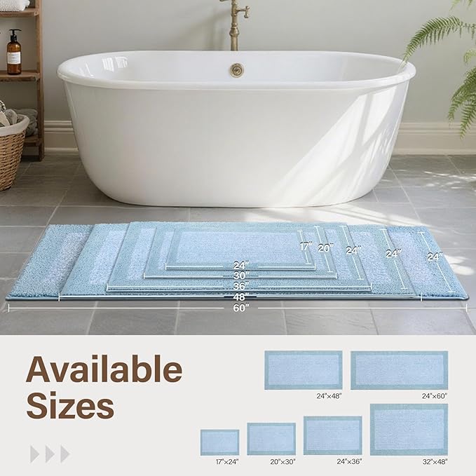 60x24 Long Bathroom Rugs Washable Non Slip, Light Blue Bath Mat for Bathroom Floor Tub, Soft Absorbent Quick Dry Mats for Shower, Bathtub,Home Decor
