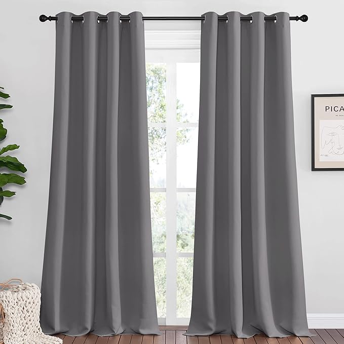 NICETOWN Bedroom Blackout Curtains Panels, 1 Pair, 52 inches by 92 Inch, Grey, Triple Weave Energy Saving Thermal Insulated Solid Grommet Blackout Draperies for Patio