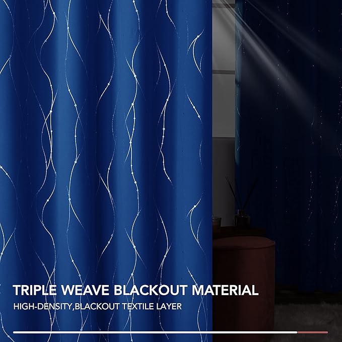 Deconovo Blackout Curtains, 52 x 72 Inch Drapes for Living Room with Wave Dots Silver Print, Soundproof Thermal Insulated Window Curtain for Bedroom Nursery, Set of 2, Machine Washable, Royal Blue