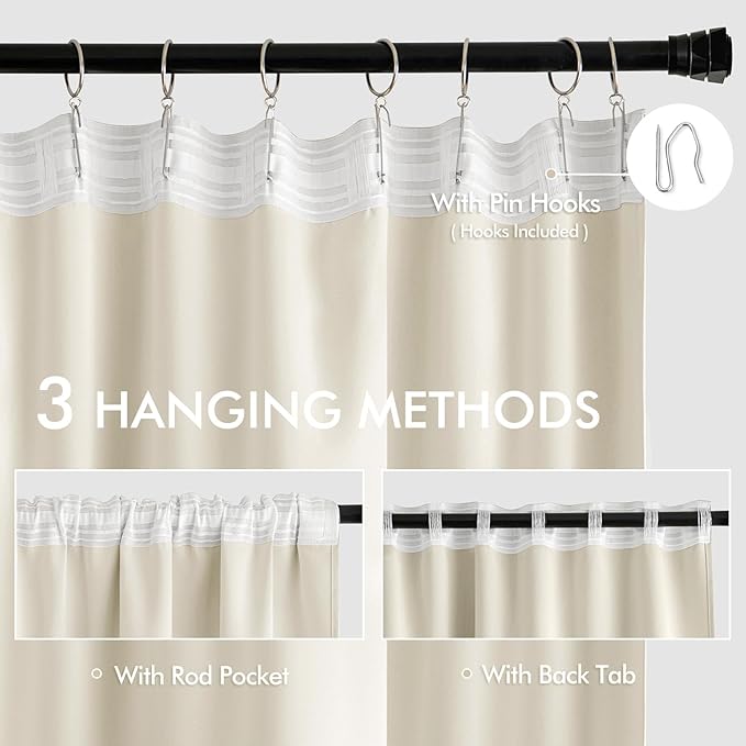 MIULEE Beige White Back Tab Blackout Curtains 90 Inches Long 2 Panels Set for Living Room Bedroom Privacy, Rod Pocket/Pinch Pleat Thermal Insulated Room Darkening Pleated Light Blocking Drapes