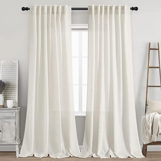 Nanspring Semi Sheer Linen Curtains 90 Inches Long for Living Room 2 Panels Set Back Tab Rod Pocket Cream Tall Vertical Curtains Light Filter Privacy Curtain Drapes for Bedroom Aesthetic 60x90